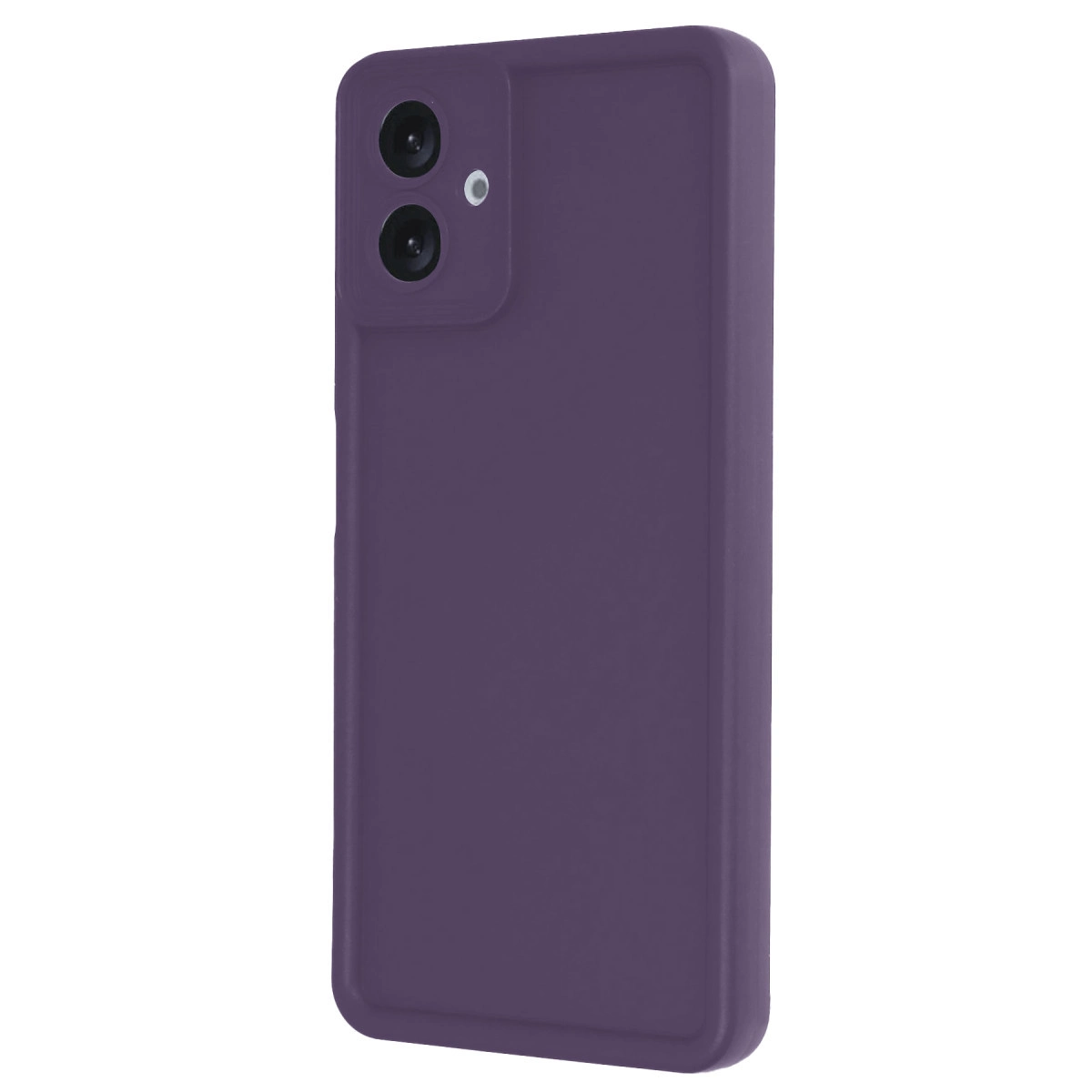 İki kamera lensi ve flaşı olan mor telefon kılıfı.