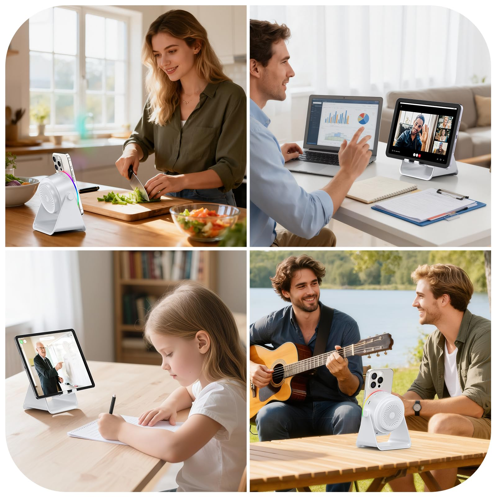 Vier Szenen: Kochen, Arbeit, Lernen und Musik im Freien mit einem Telefonständer.