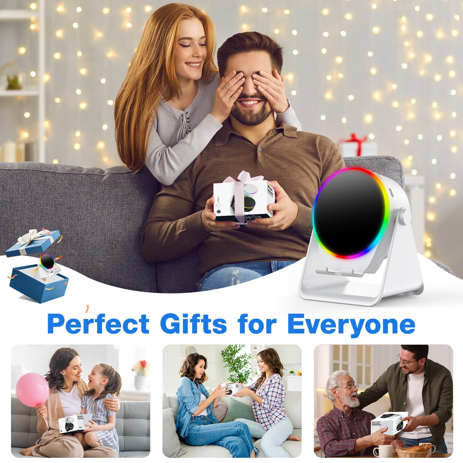 Ein Mann erhält ein Geschenk, eine Frau bedeckt seine Augen. Lichter im Hintergrund.
