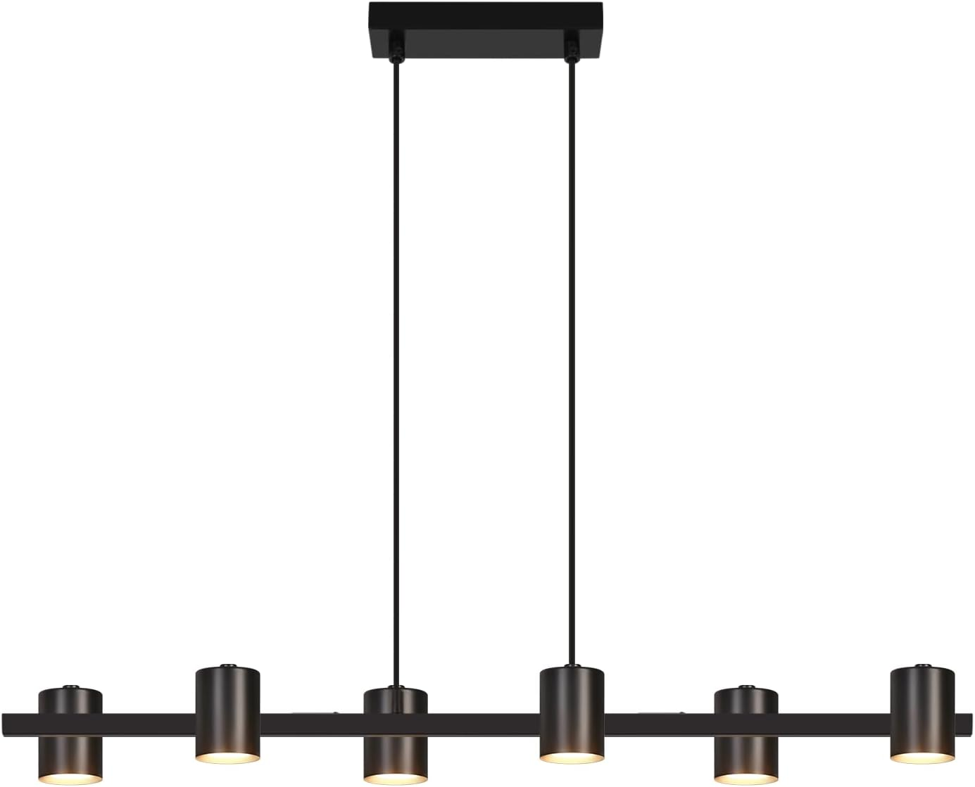 Una lampada a sospensione nera con sei lampade cilindriche su una barra.