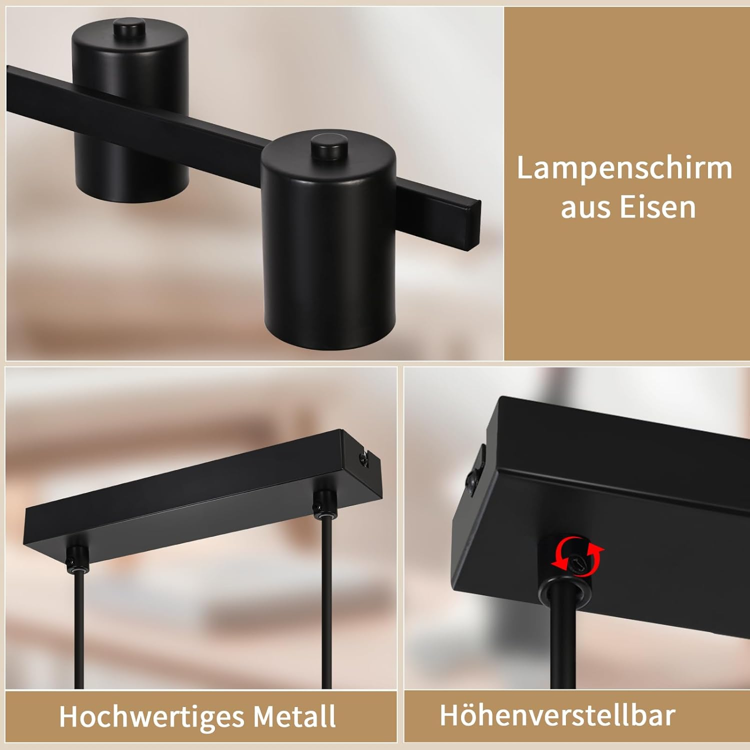 Lampada nera in ferro con paralumi cilindrici, altezza regolabile.