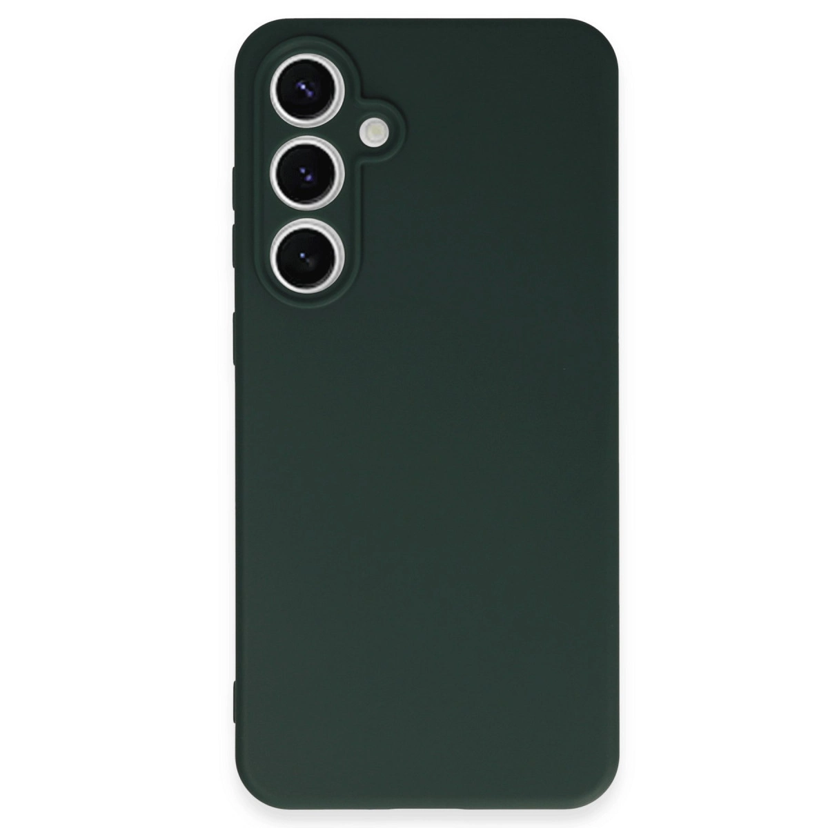 Üç kamera lensli ve flaşlı koyu yeşil telefon kılıfı.