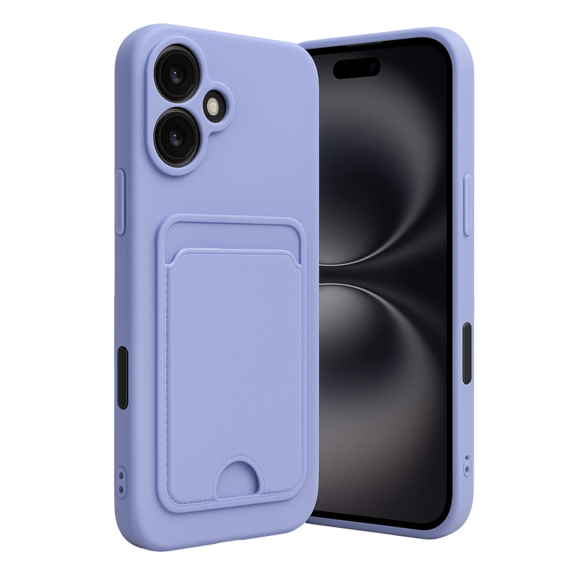Kamera lensli ve kart tutuculu mor telefon kılıfı.