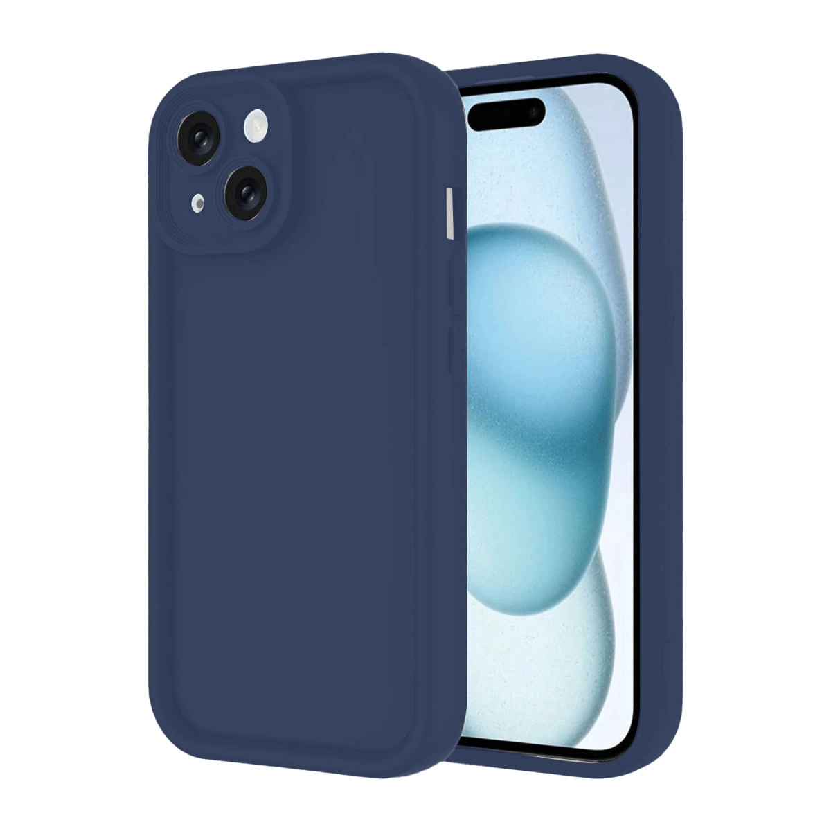 Arkada iki kamera ve flaş bulunan lacivert telefon kılıfı.