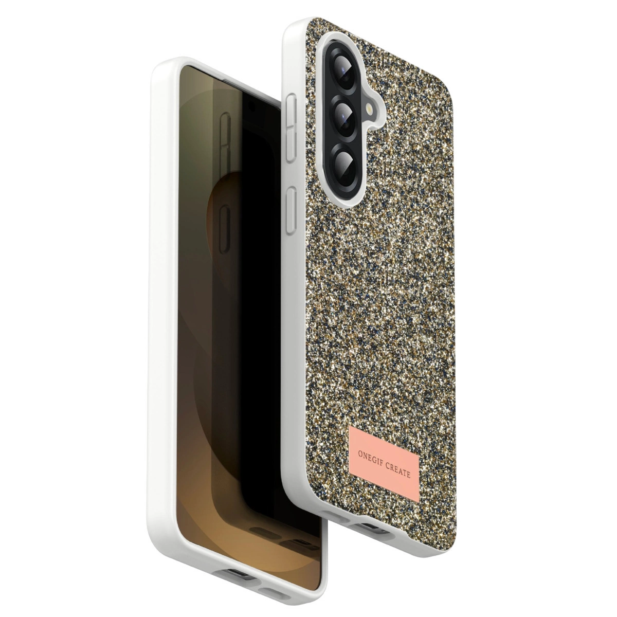 Simli dokulu arkası ve beyaz çerçeveli bir telefon kılıfı, bir telefonun yanında duruyor.