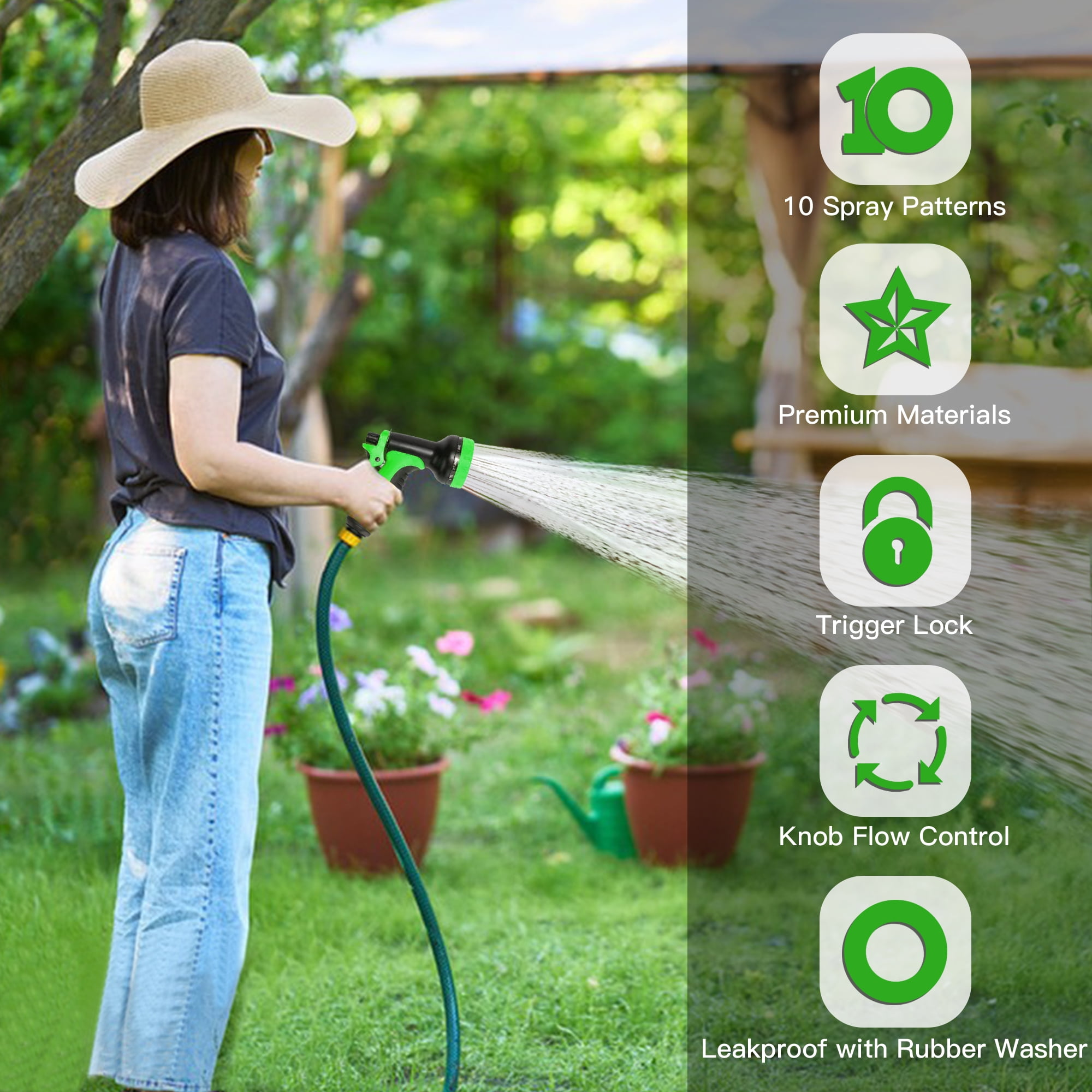 Frau mit breiter Hut bewässert Garten mit Gartenschlauch und Sprühpistole.