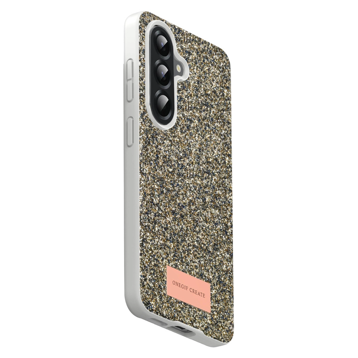 Üç kamera lensli ve pembe etiketli ışıltılı telefon kılıfı.