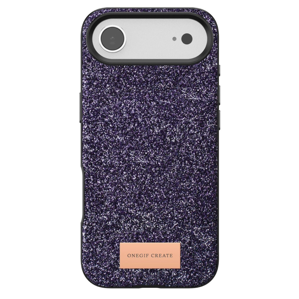 Kamera modülü ve "ONEGIF CREATE" logolu mor simli telefon kılıfı.