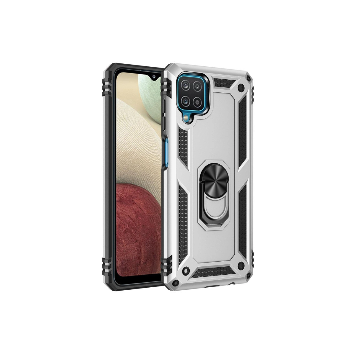 Halka tutuculu ve kamera muhafazalı gümüş telefon kılıfı.