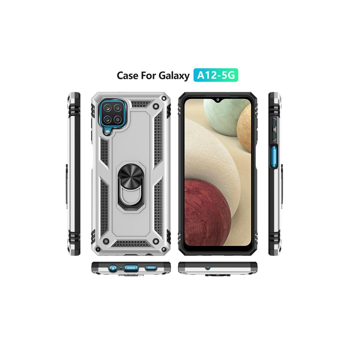 Halka tutuculu ve kamera kesimli Galaxy A12-5G için beyaz kılıf.