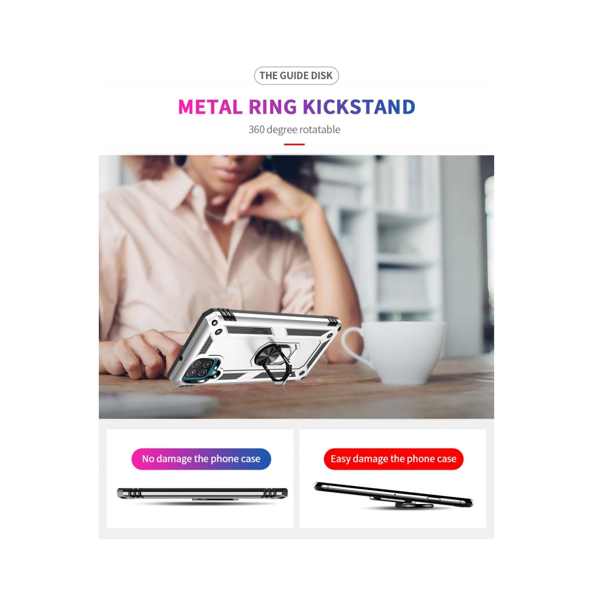 Masa üzerinde beyaz fincanın yanında metal halkalı kickstandlı telefon.