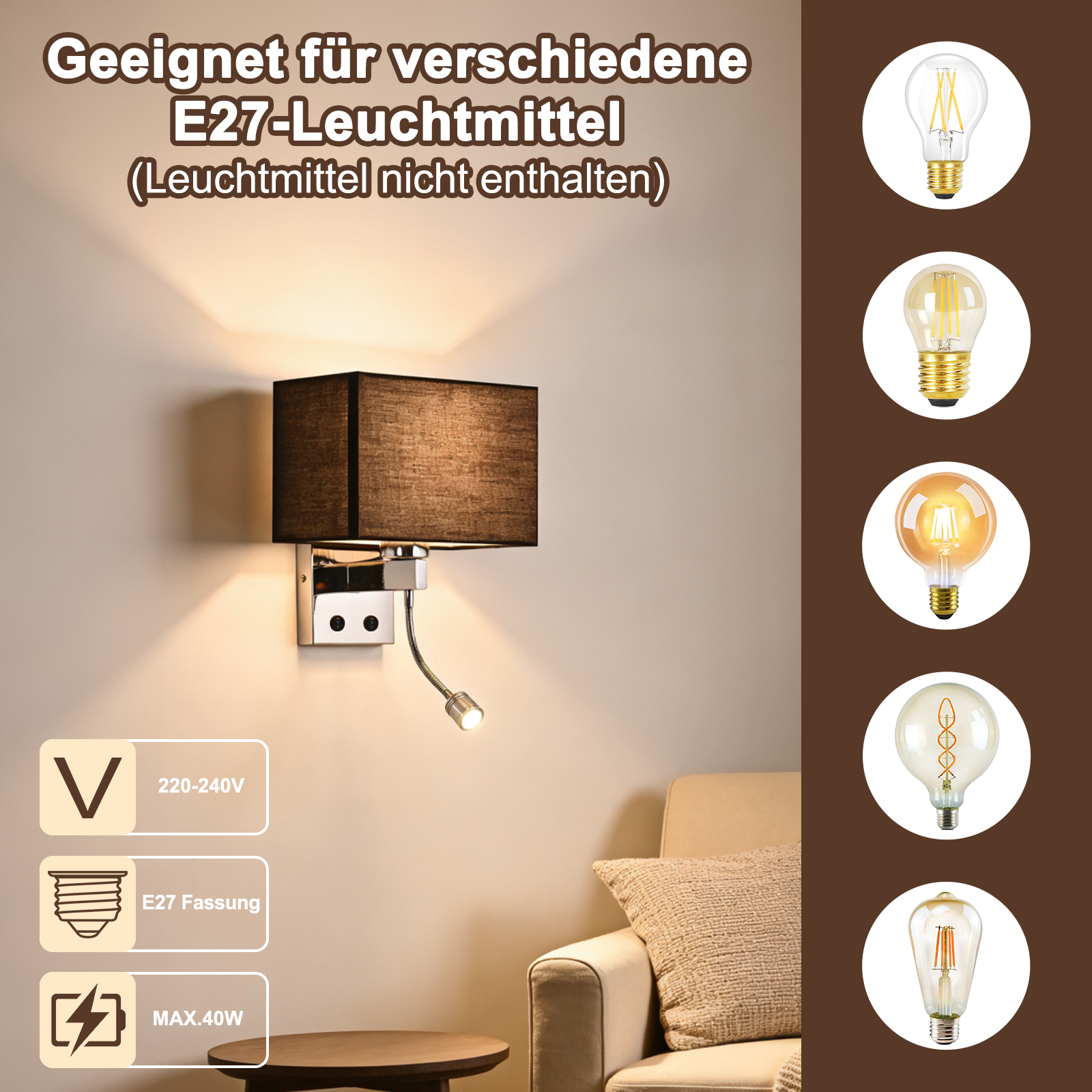 Wandlampe mit schwarzem Schirm, Nachttischlampe, 5 Glühbirnen-Designs.