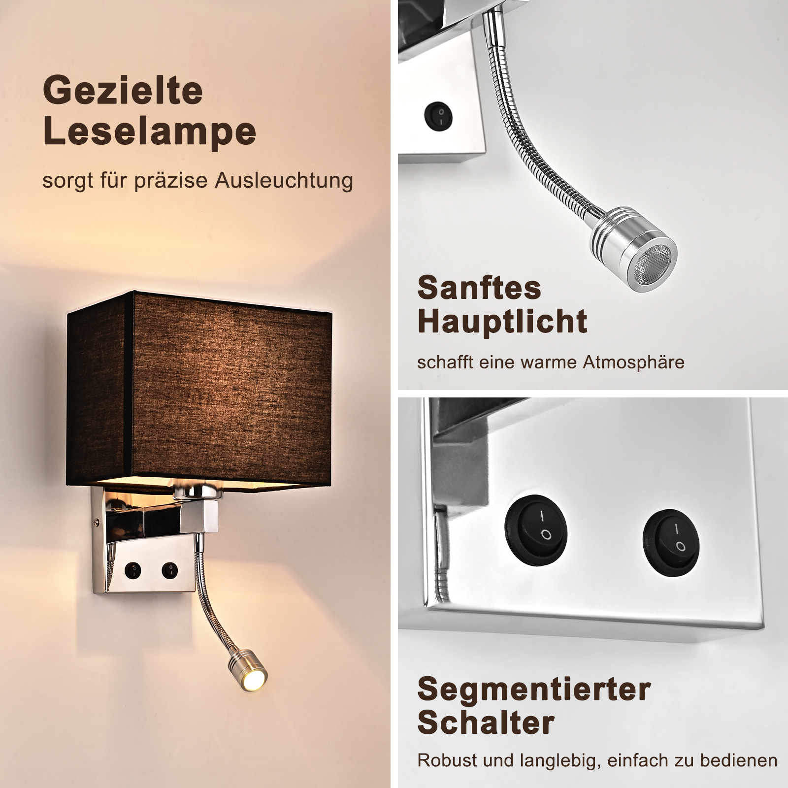 Wandlampe mit schwarzem Stoffschirm, flexiblem Leselicht und Schaltern.