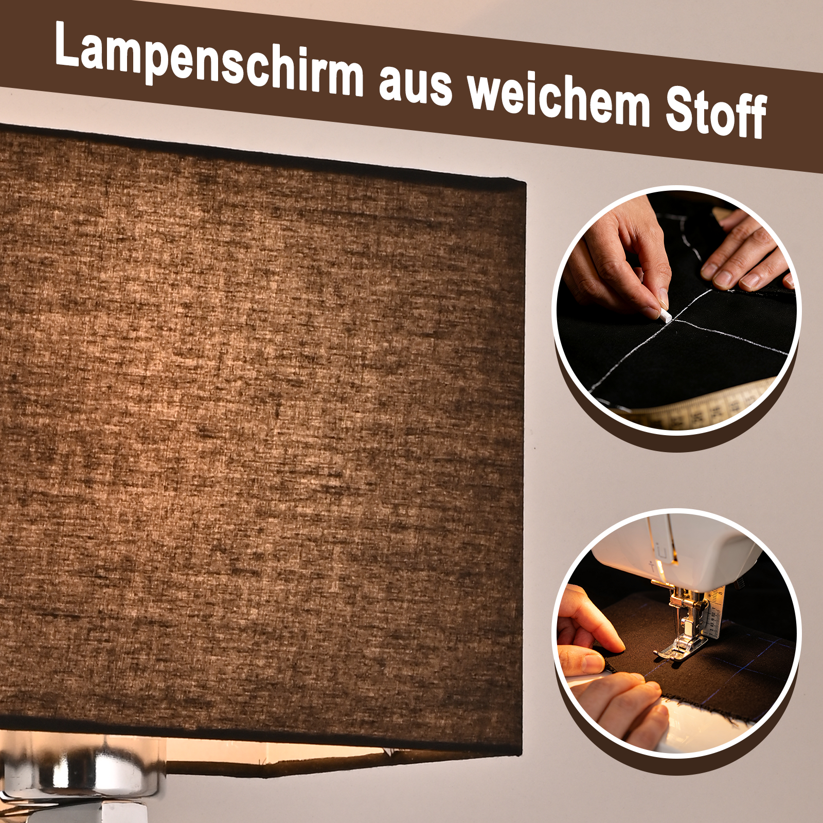 Brauner Lampenschirm aus Stoff, mit Nahaufnahmen von Näharbeiten.