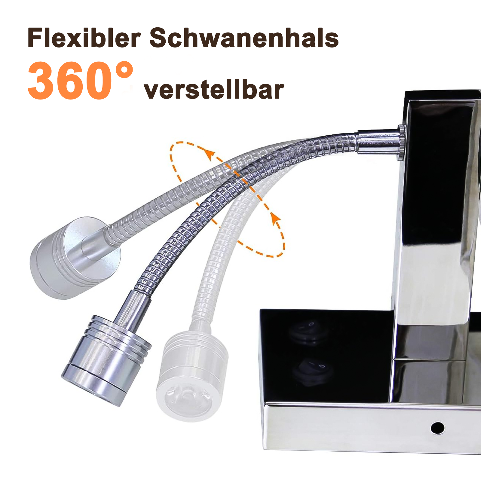 Flexibler Schwanenhals mit 360° Verstellbarkeit, silberfarben.