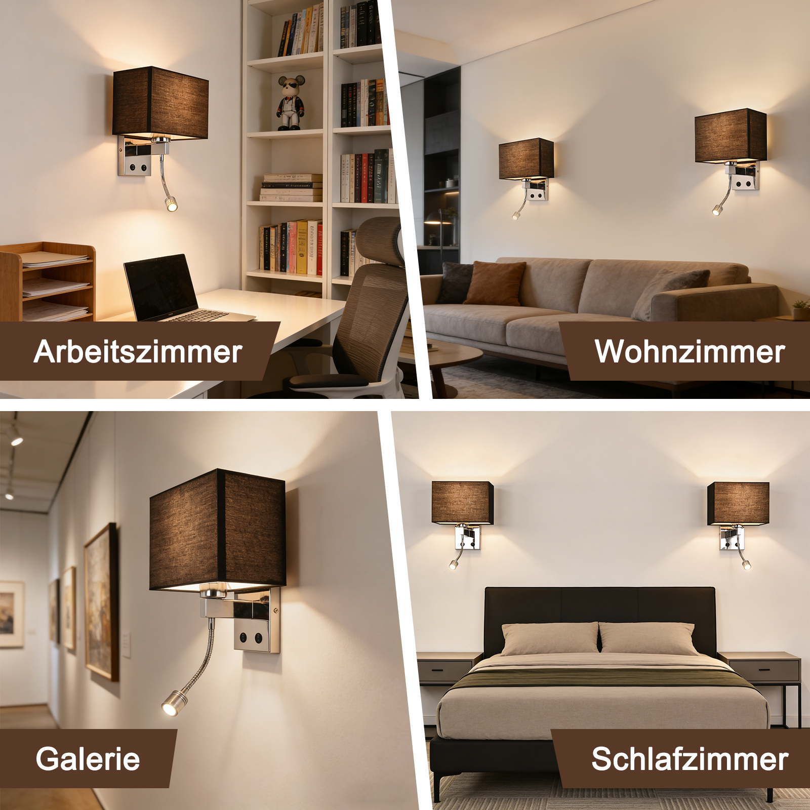 Vier Szenen zeigen Wandleuchten in Arbeitszimmer, Wohnzimmer, Galerie und Schlafzimmer.