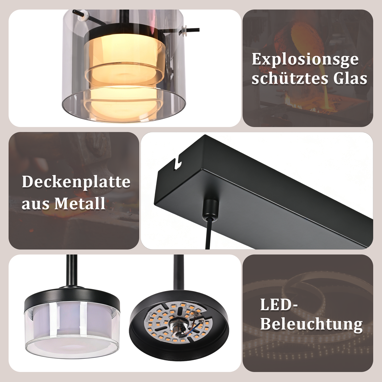 Collage von Lampenteilen: Glaszylinder, Metallplatte, LED-Beleuchtung.