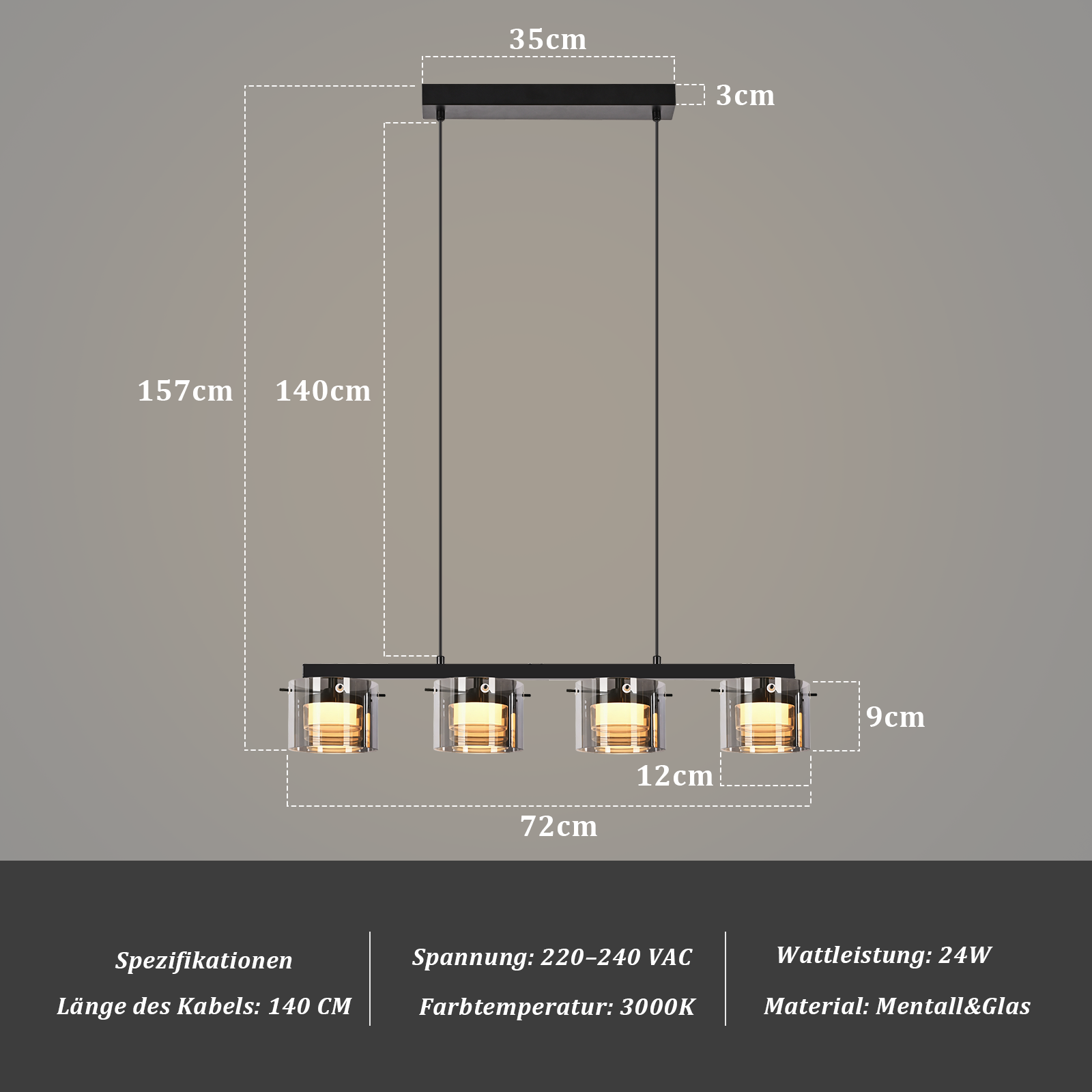 Eine lineare Pendelleuchte mit vier Glaszylindern, Maße sind angegeben.