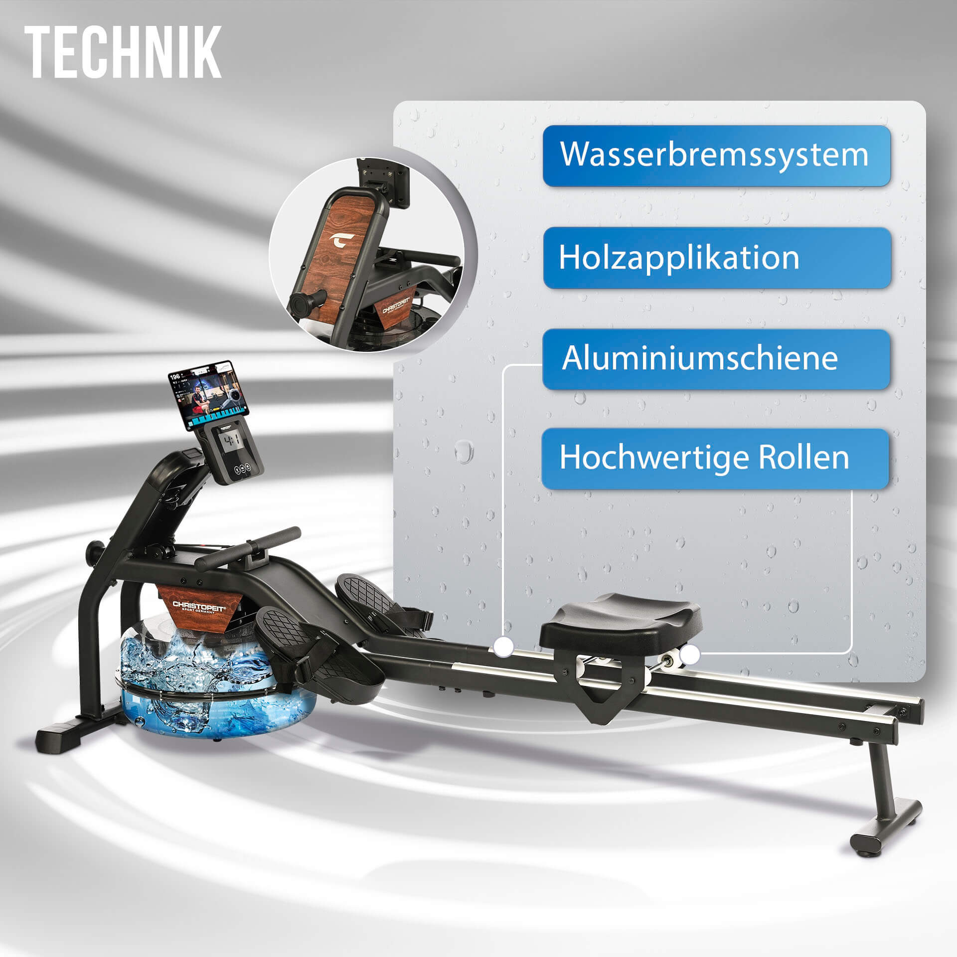 Rudergerät mit Wassertank, Holzdetails, Display und Rollen.