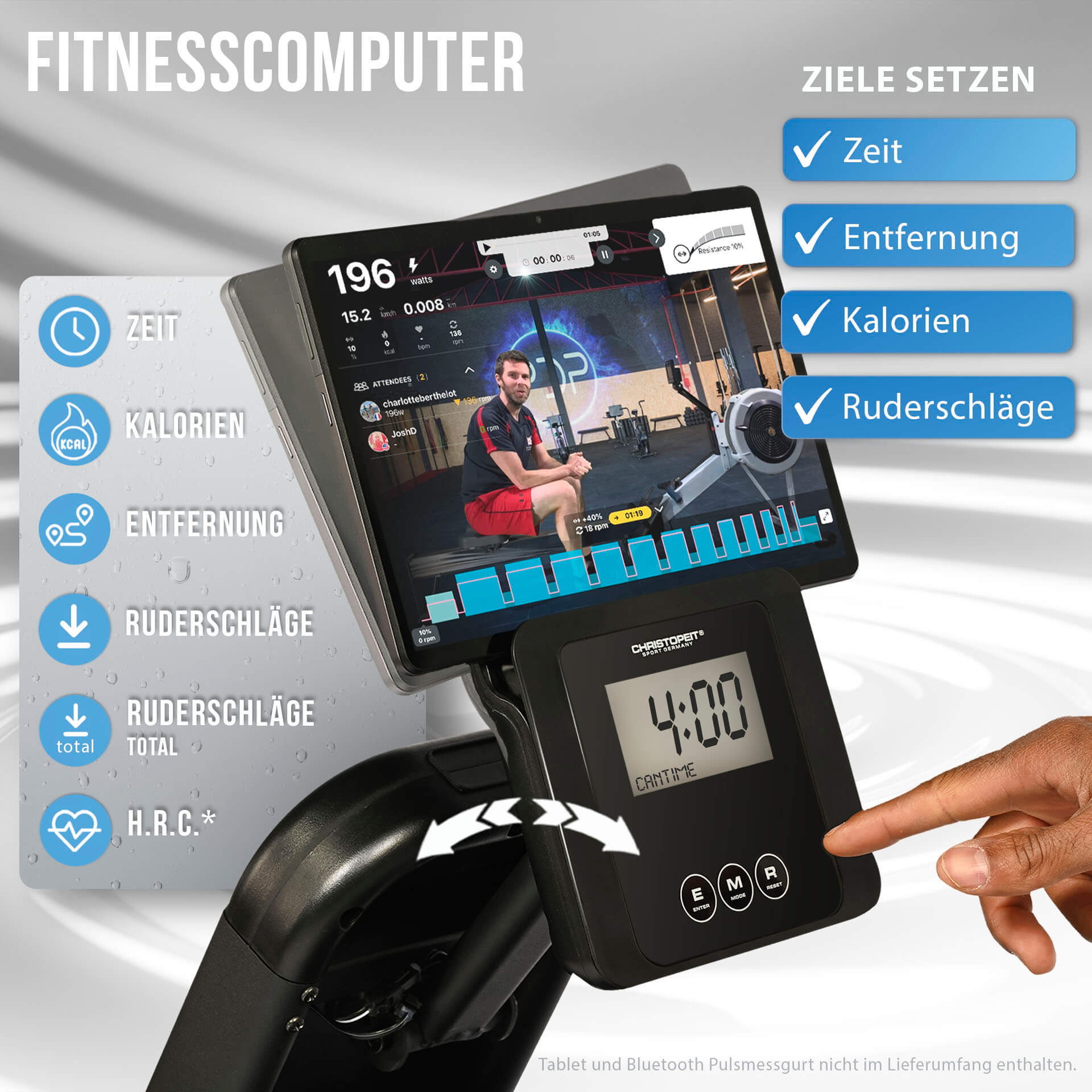 Ein Mann auf einem Rudergerät, das auf einem Tablet mit Trainingsdaten angezeigt wird.