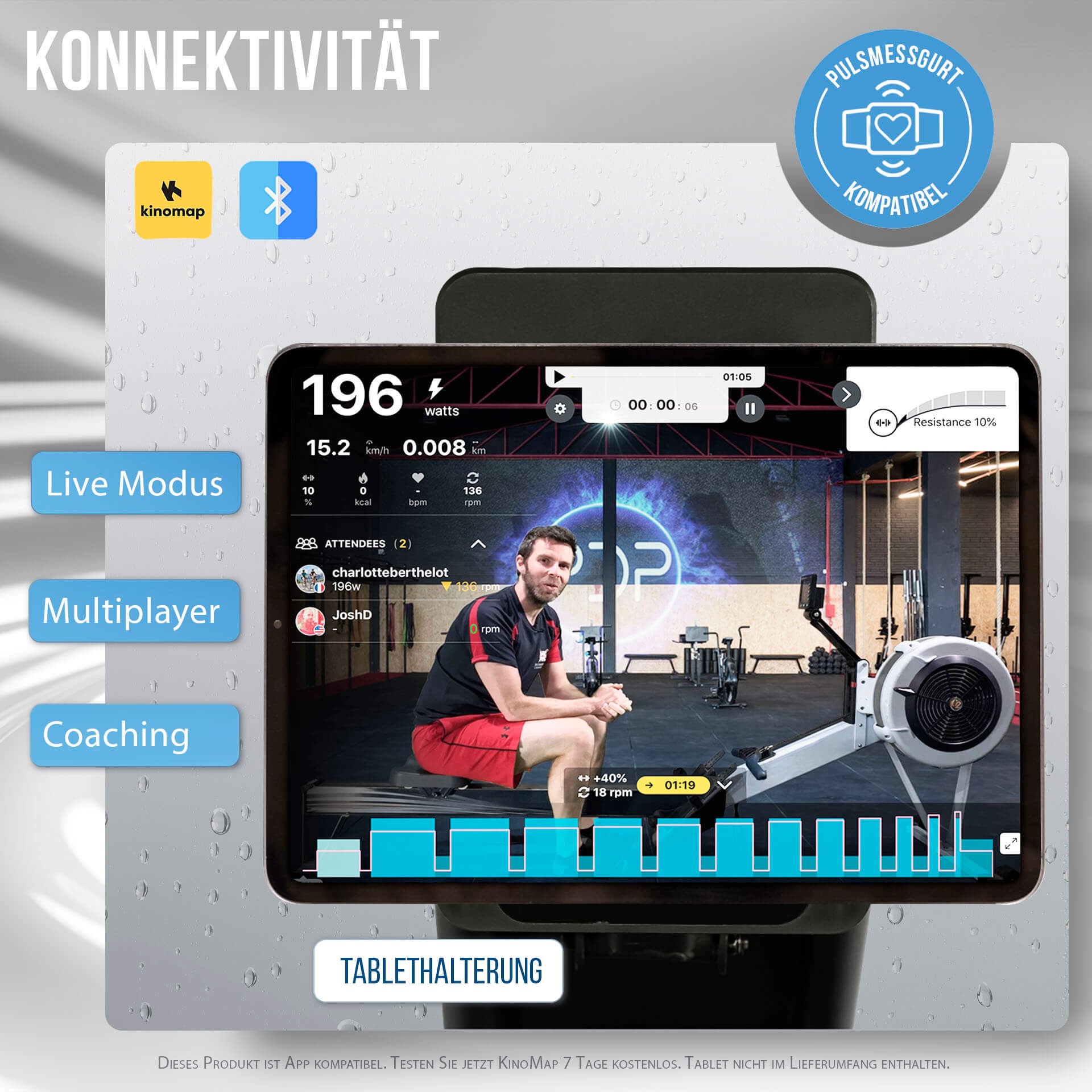 Ein Mann auf einem Rudergerät im Fitnessstudio, App-Daten werden angezeigt.