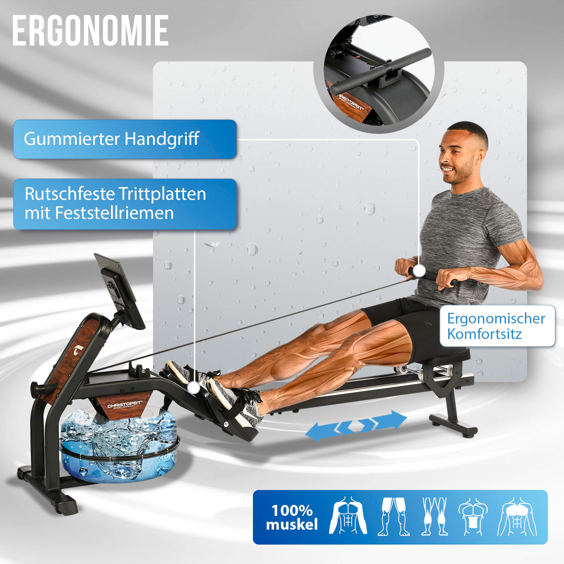 Mann auf Rudergerät mit Wassertank, ergonomischer Sitz, Gummigriff.