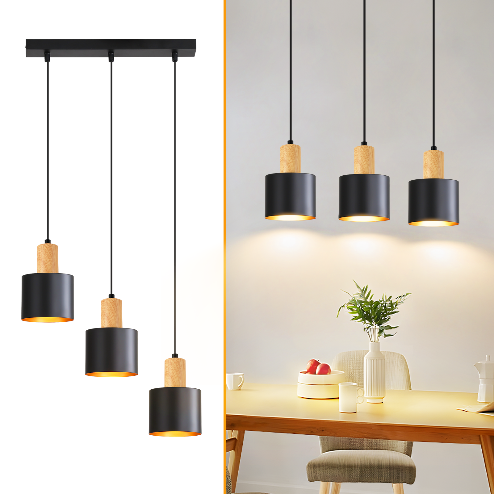 Drei schwarze Pendelleuchten mit Holzdetails hängen über einem Esstisch.