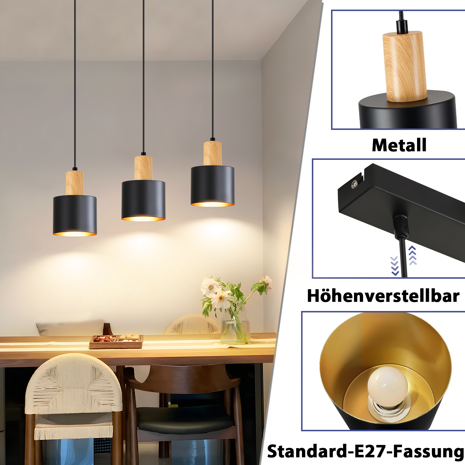 Hängende Pendelleuchte mit Holzdetail und schwarzem Schirm über einem Esstisch.