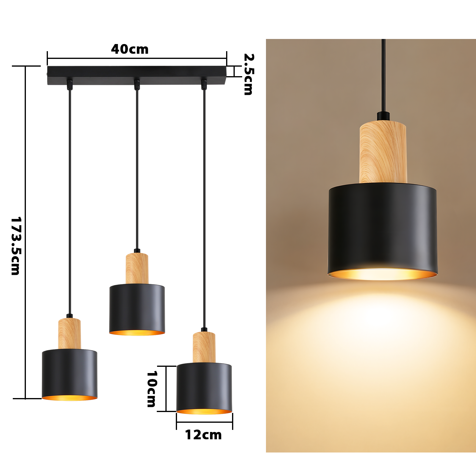 Pendelleuchte mit drei schwarzen Zylindern und Holzdetails, Maße angegeben.