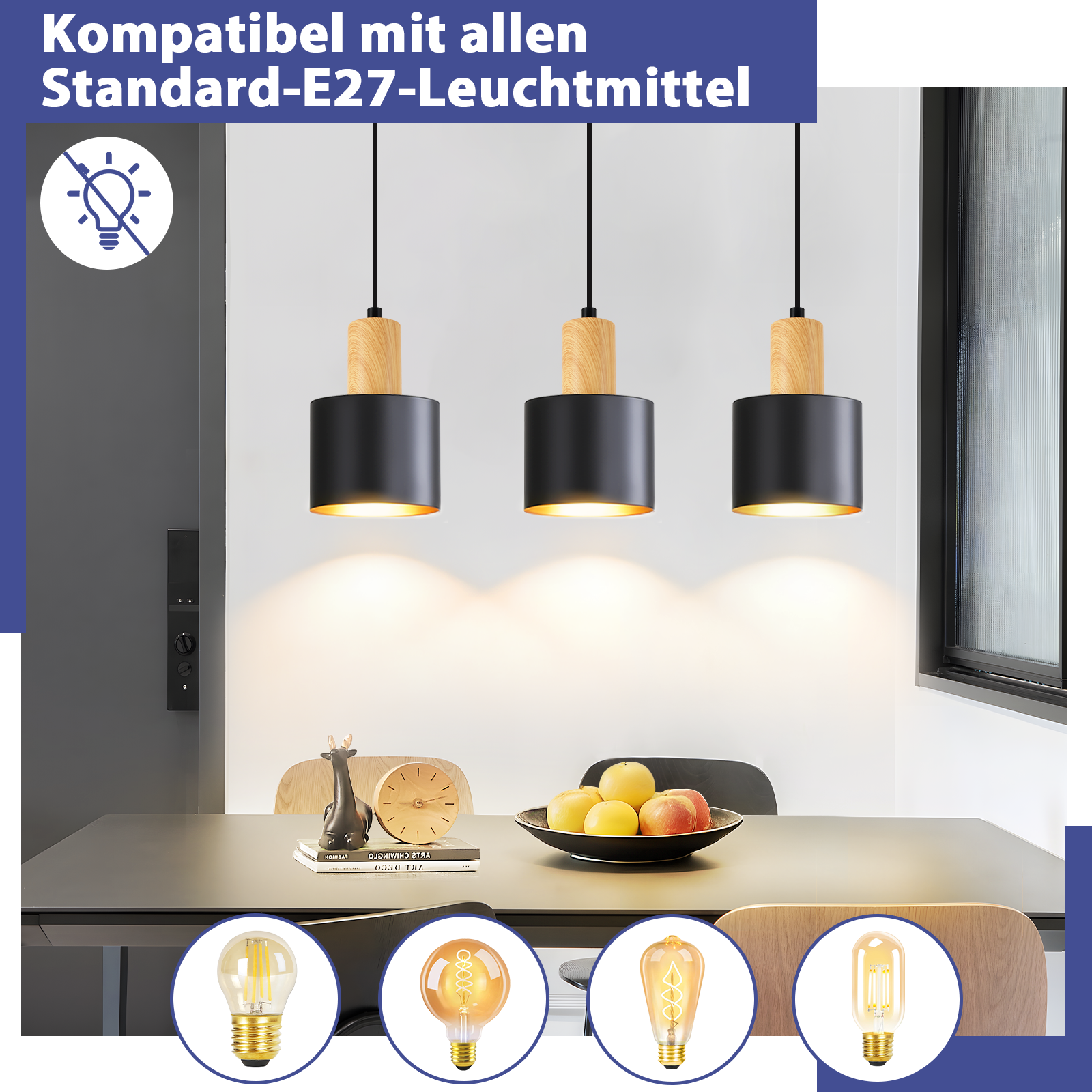 Drei Pendelleuchten mit Holz und schwarzen Schirmen über einem Tisch mit Obst.