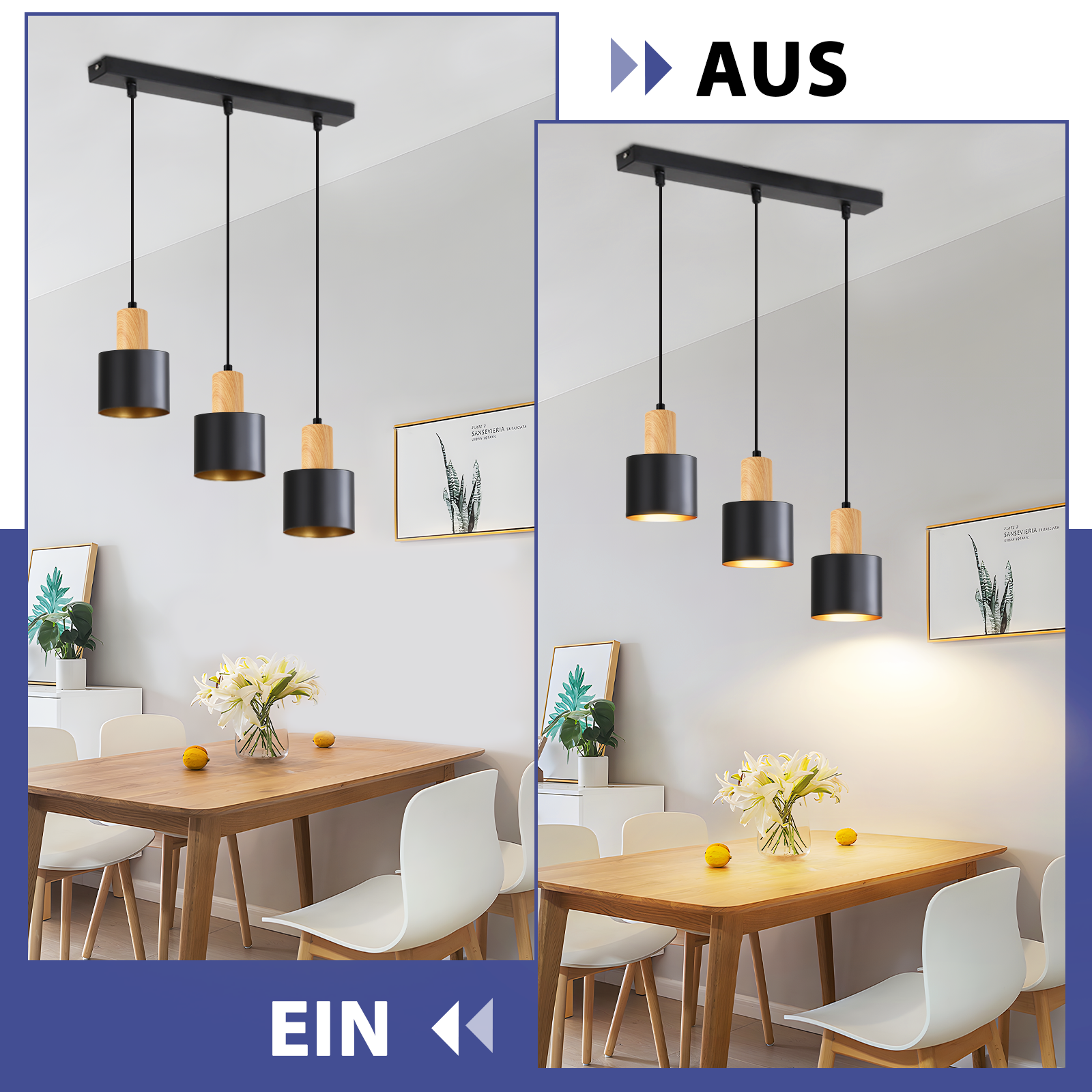 Pendelleuchte mit drei schwarzen Lampenschirmen und Holzdetails über einem Esstisch.