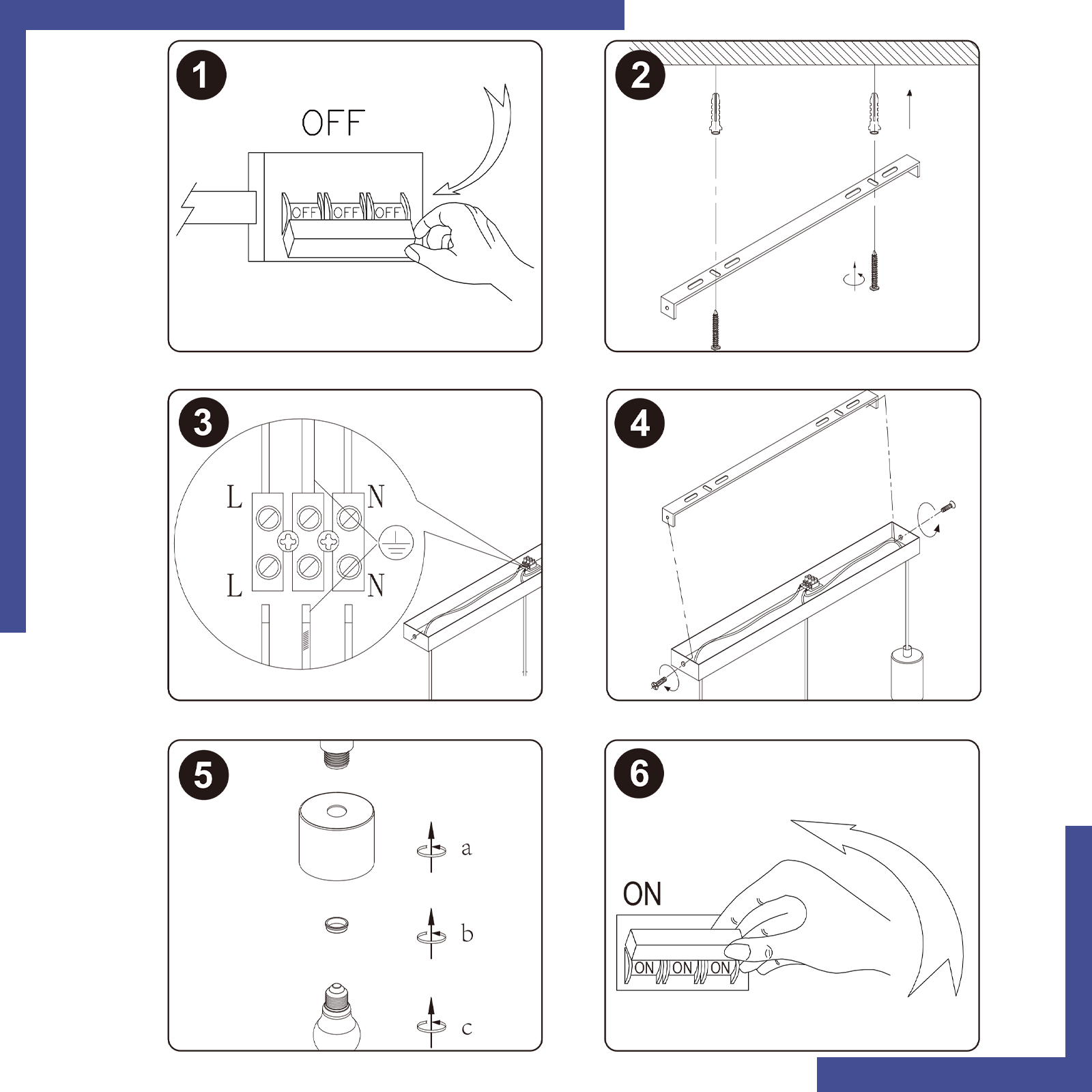 Schritt 1: Schalter ausschalten. Schritt 2: Halterung an Decke montieren. Schritt 3: Kabel anschließen. Schritt 4: Lampe montieren. Schritt 5: Glühbirne einsetzen. Schritt 6: Schalter einschalten.