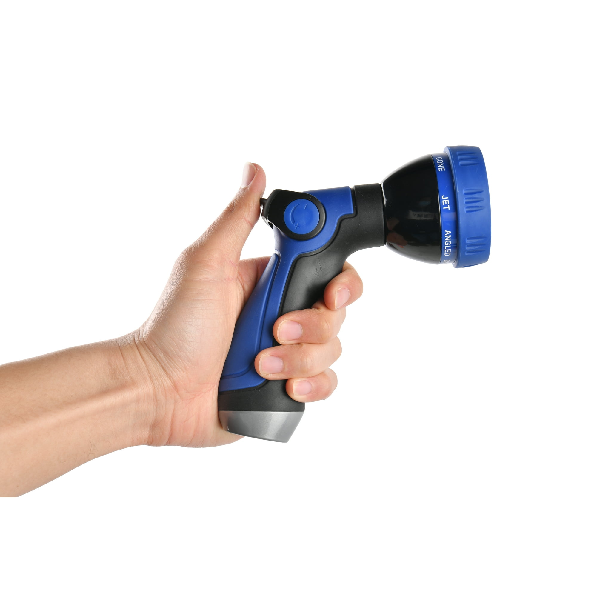 Eine Hand hält eine blaue und schwarze Spritzpistole mit weißem Hintergrund.