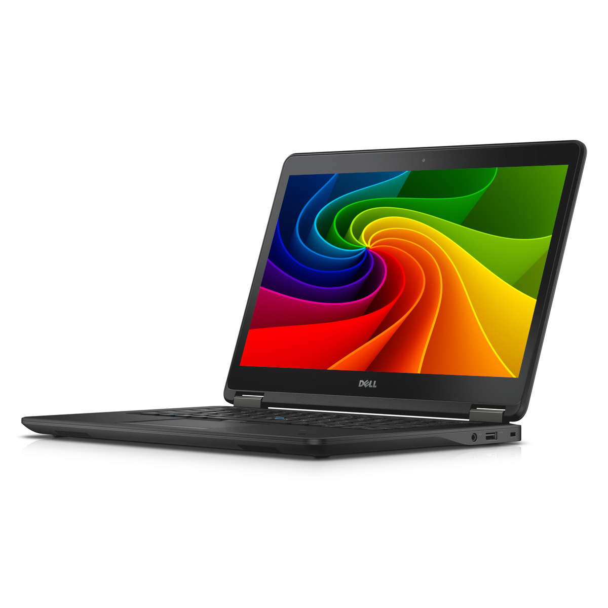 Ein offener schwarzer Dell Laptop mit einem bunten Wirbel-Bildschirmhintergrund.