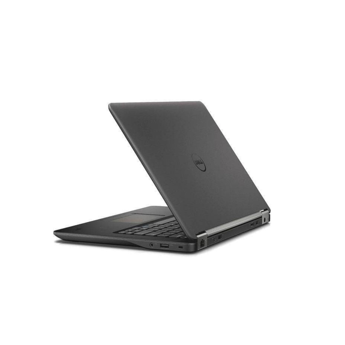 Ein geschlossener, dunkler Dell Laptop auf weißem Hintergrund.
