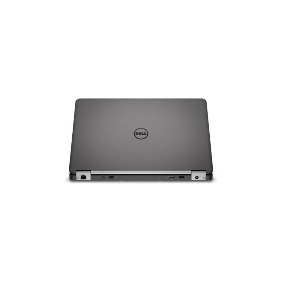 Geschlossener grauer Dell Laptop mit Logo auf dem Deckel.