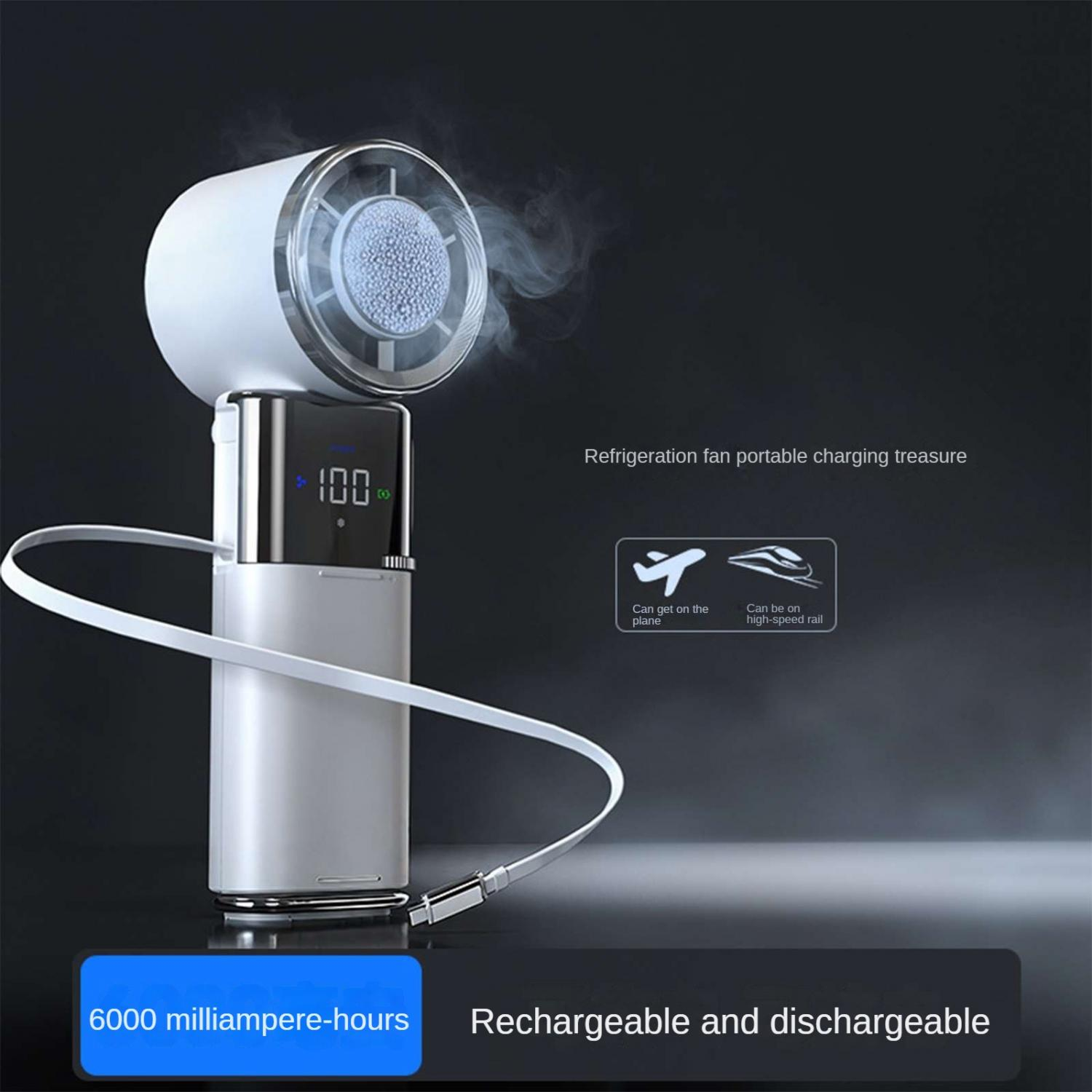 Ein weißer tragbarer Ventilator mit einer digitalen Anzeige, der mit einem Kabel verbunden ist.