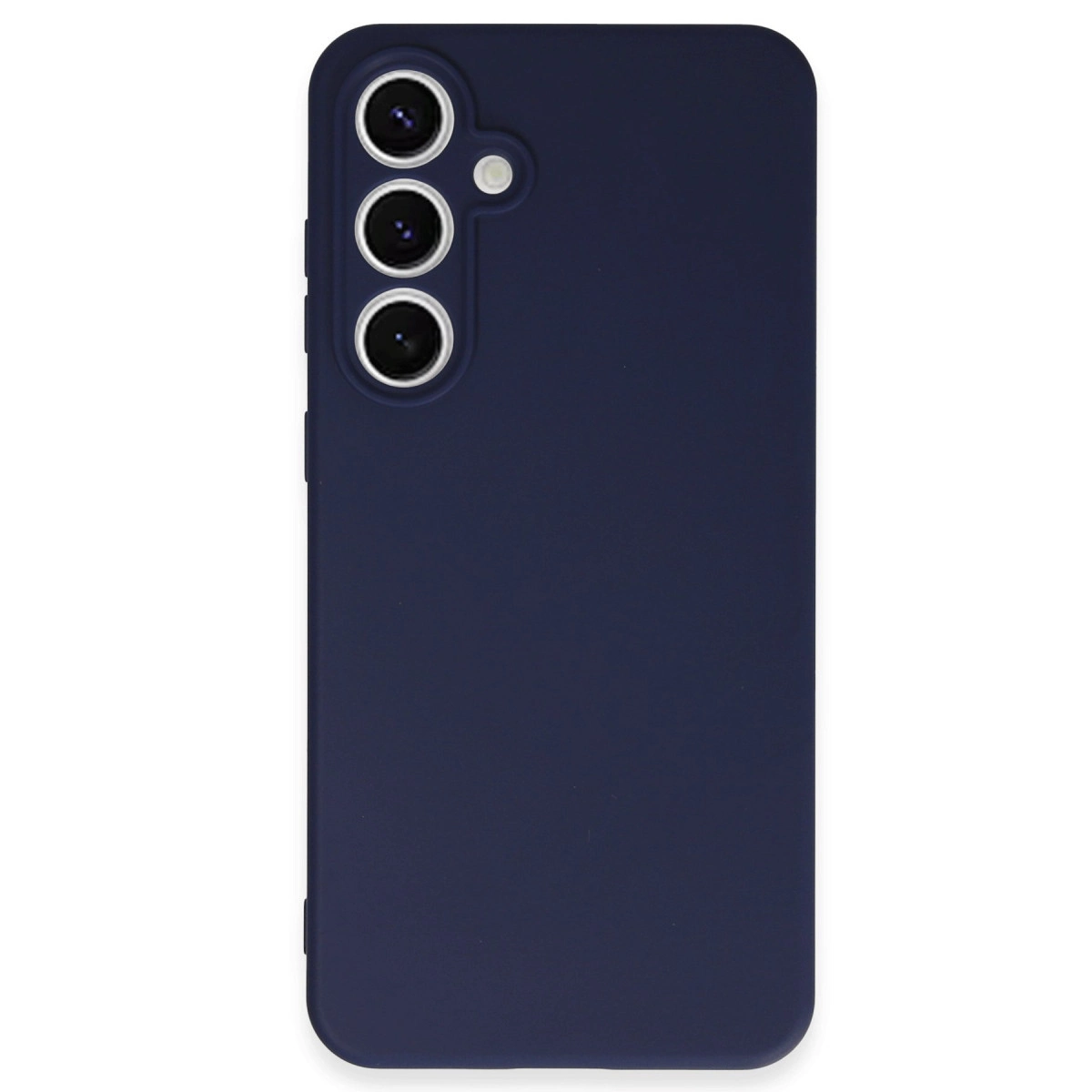 Üç kamera lensli ve flaşlı koyu mavi telefon kılıfı.