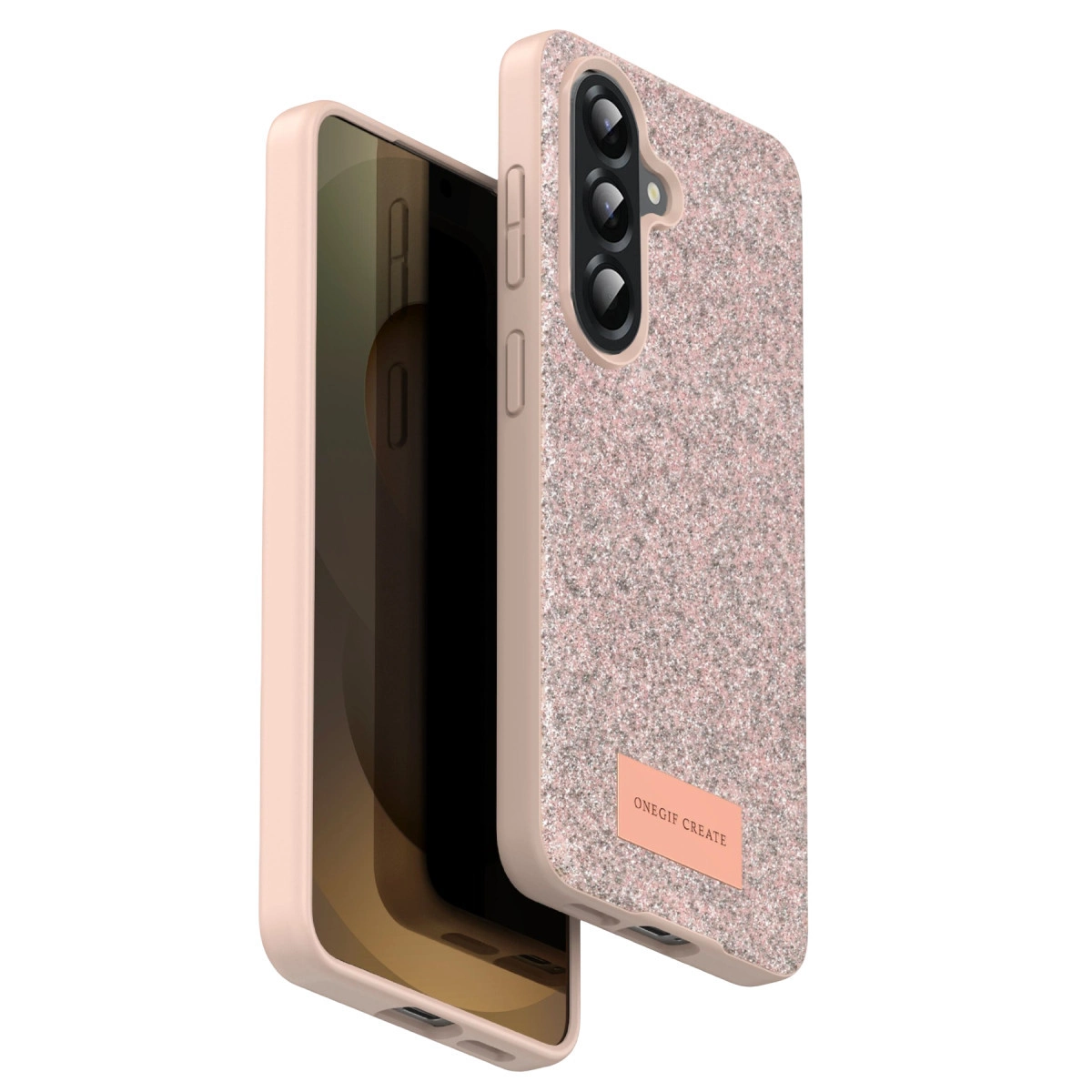 Simli kılıflı, üç kameralı, rose altın rengi telefon.