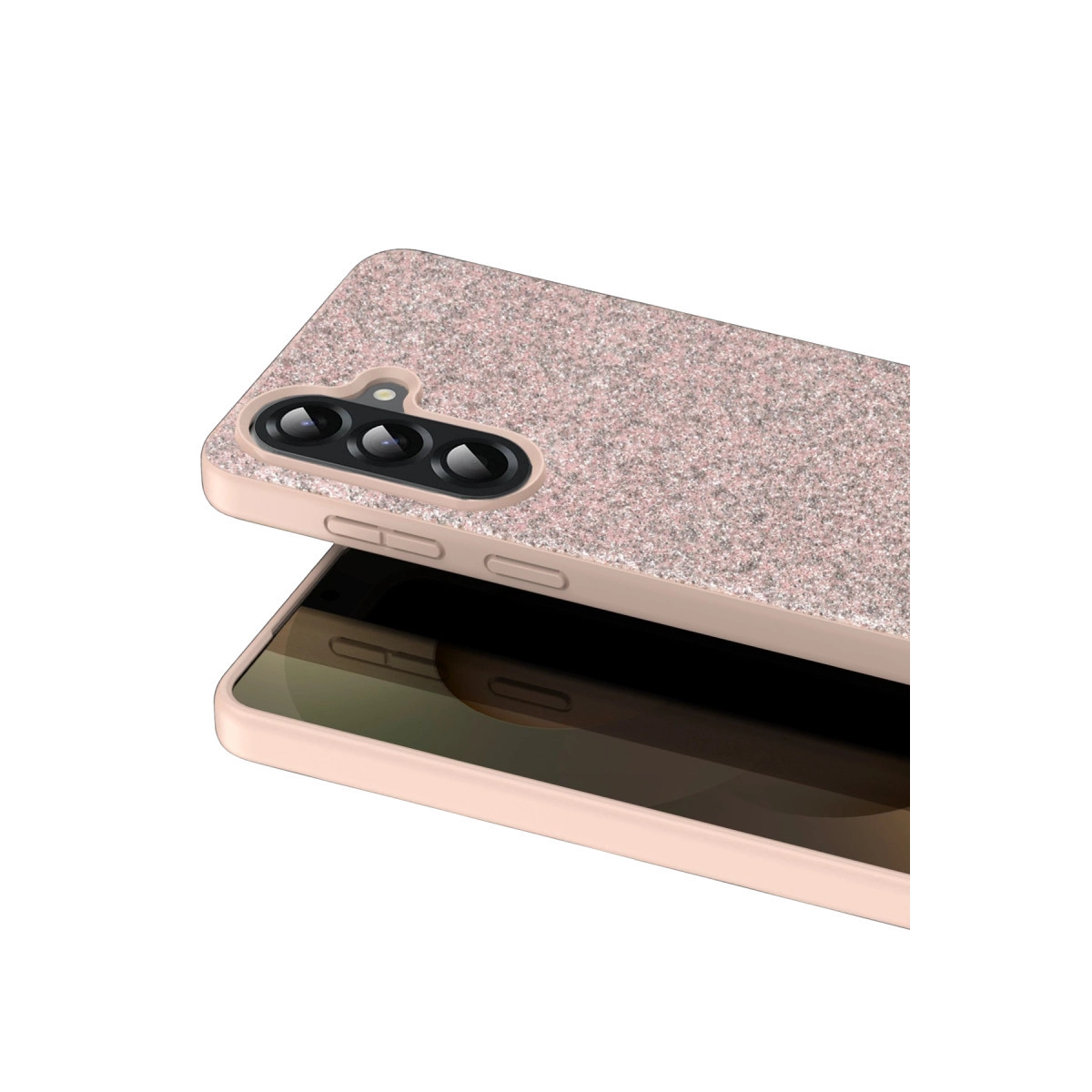 Üç kamera lensli pembe simli telefon kılıfı, bir telefonun üzerinde.