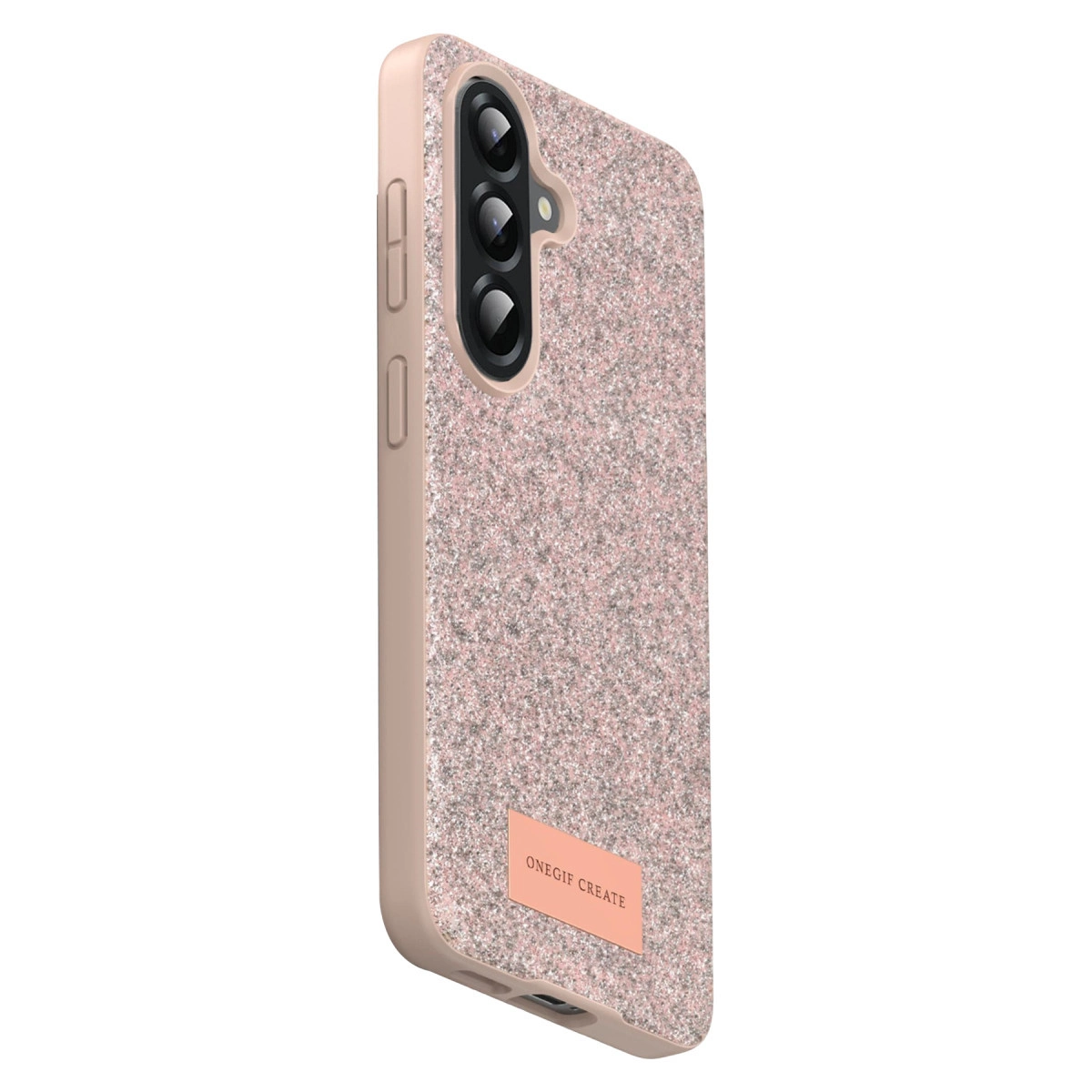 Üç kamera lensli pembe simli telefon kılıfı.