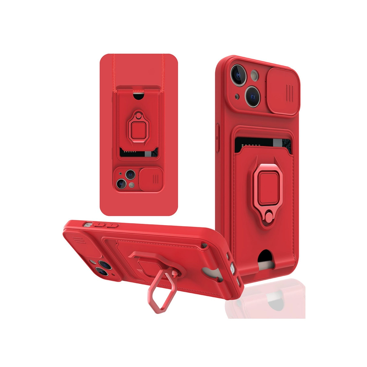 Kart tutuculu, halka tutuculu ve kayar kamera kapaklı kırmızı telefon kılıfı.