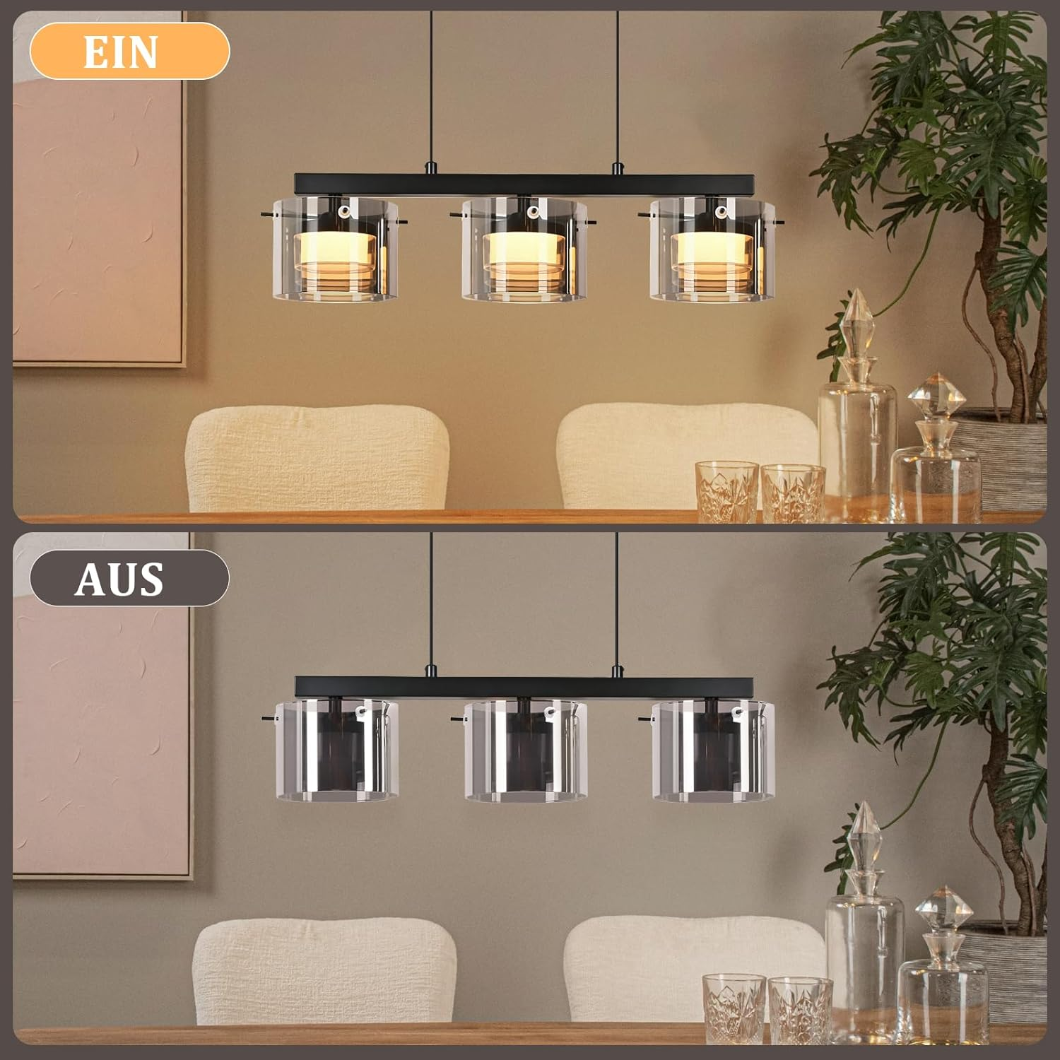 Hängeleuchte mit drei Lichtern, oben ein, unten aus. Modernes Esszimmer.