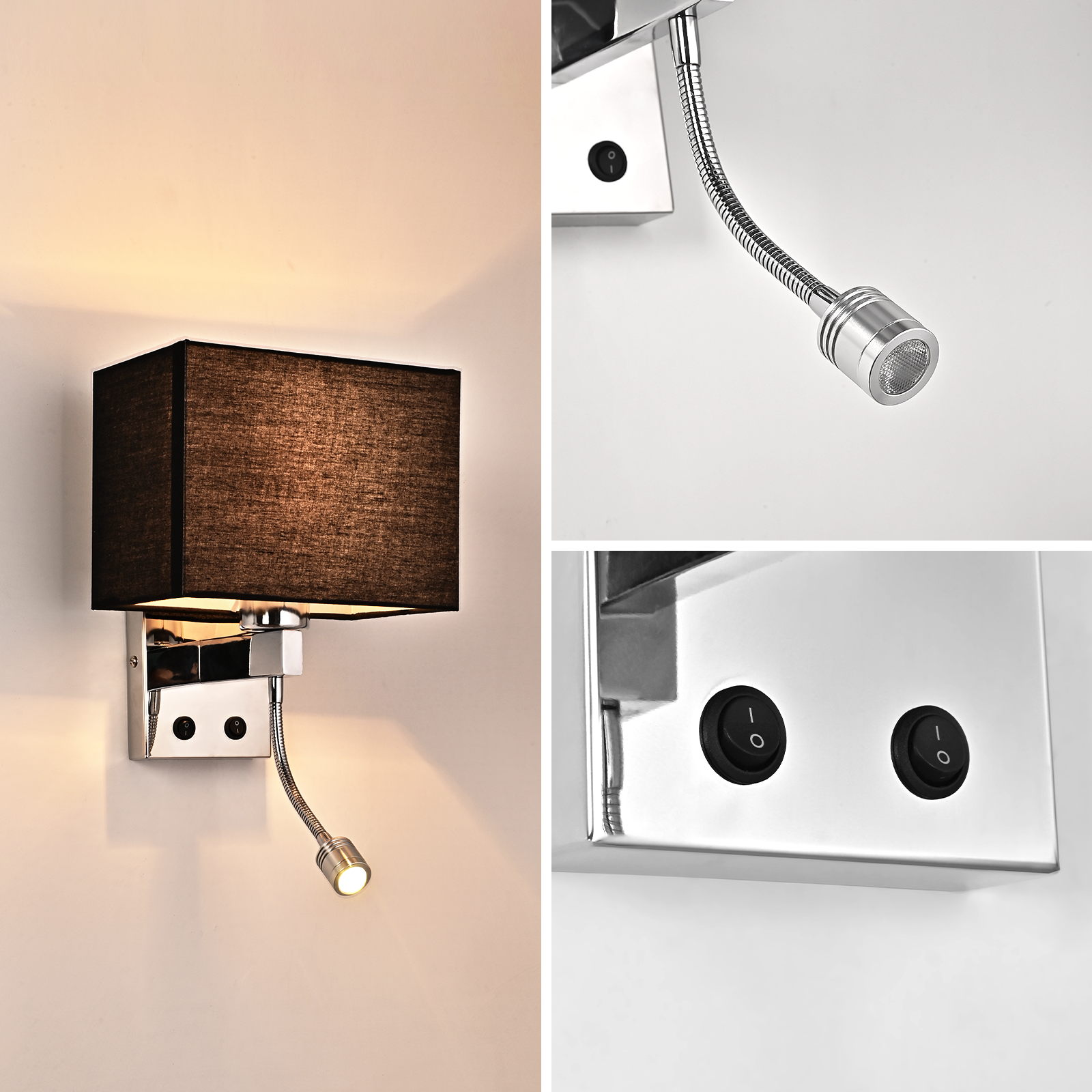 Lampada da parete con paralume in tessuto nero e braccio flessibile a collo d'oca.