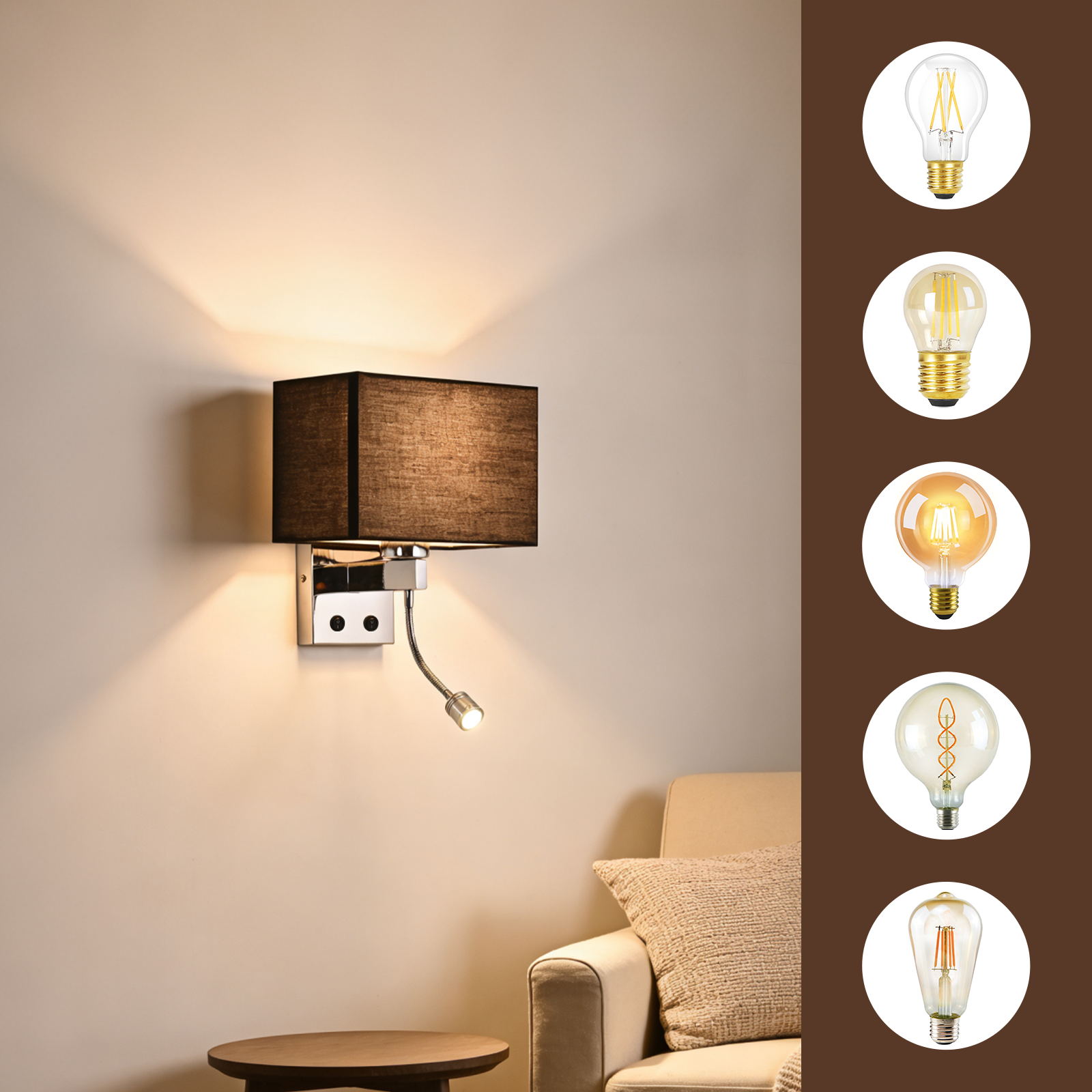 Lampada da parete con paralume nero e luce da lettura flessibile, accanto a cinque lampadine.