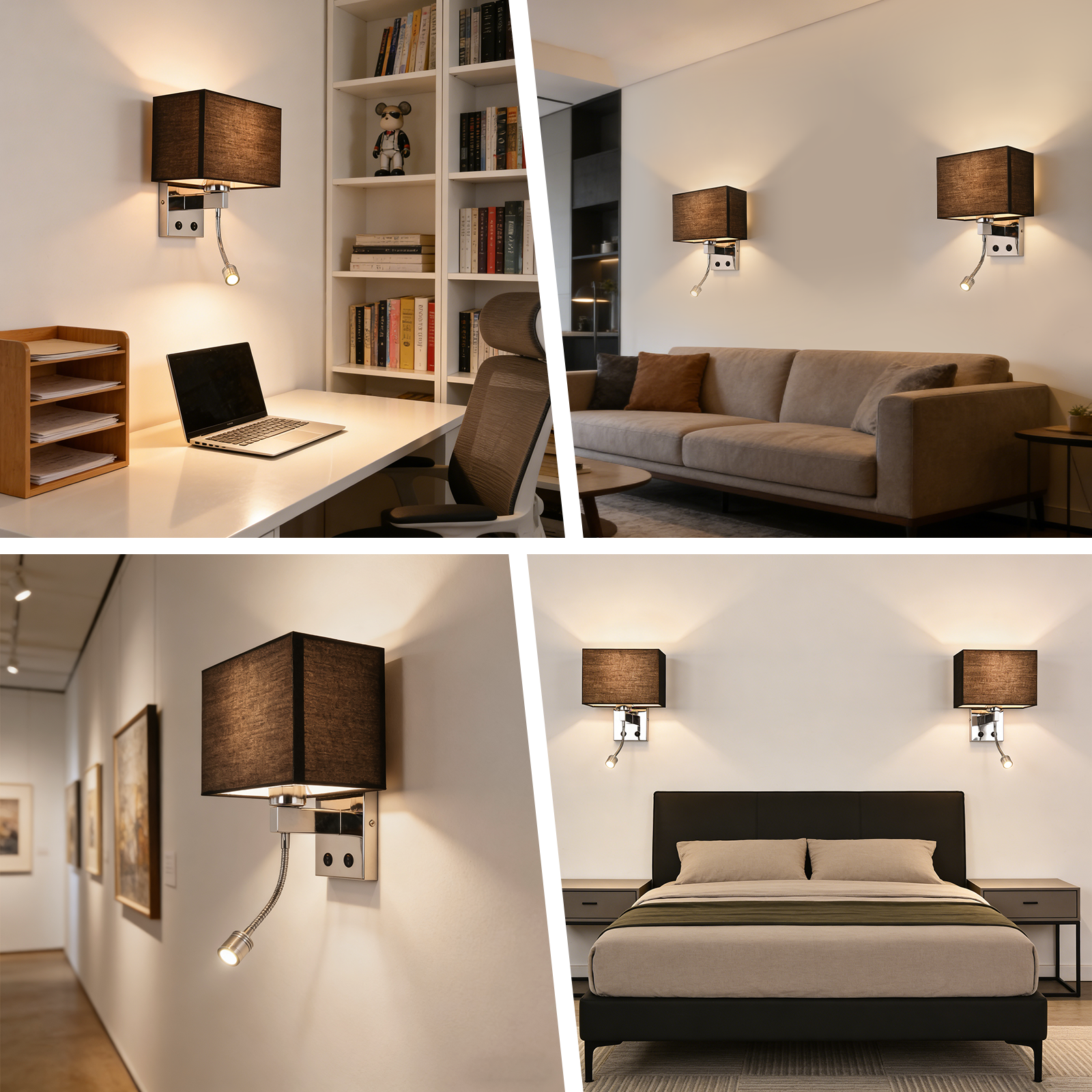 Quattro scene mostrano una lampada con paralume nero e luce da lettura a collo d'oca.