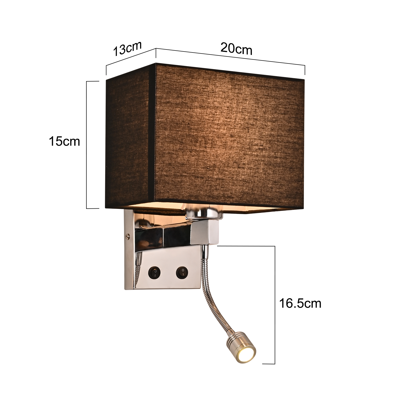 Lampada da parete con paralume in tessuto nero, dimensioni 20x13x15cm. Con interruttore e luce lettura flessibile.