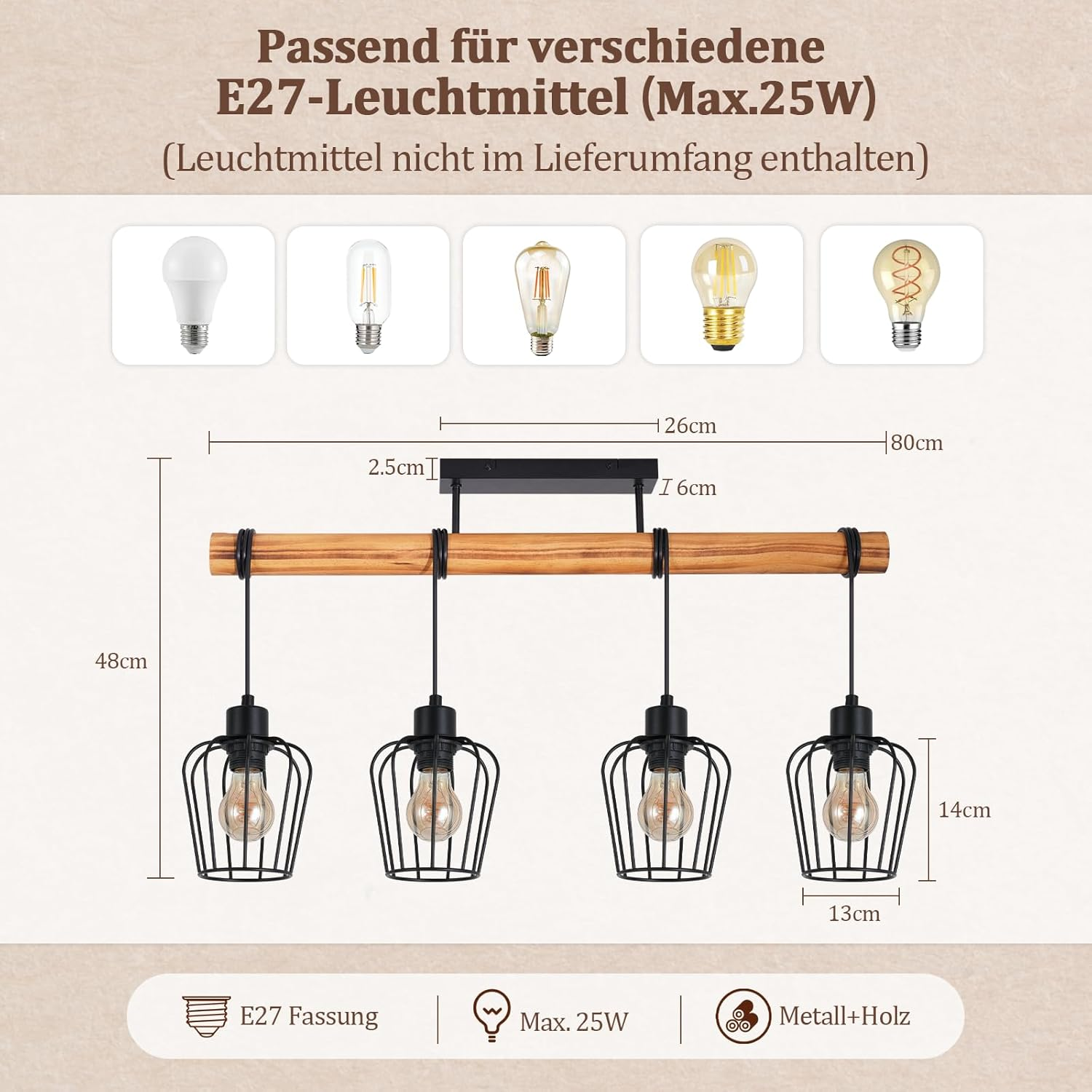 Lampada a sospensione con trave in legno e quattro gabbie di filo nero.