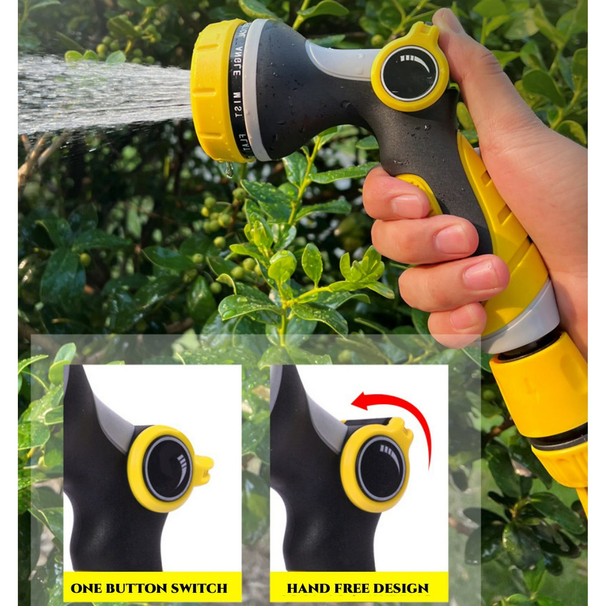 Hand hält eine gelbe Gartenspritze, die Wasser auf grüne Pflanzen sprüht.