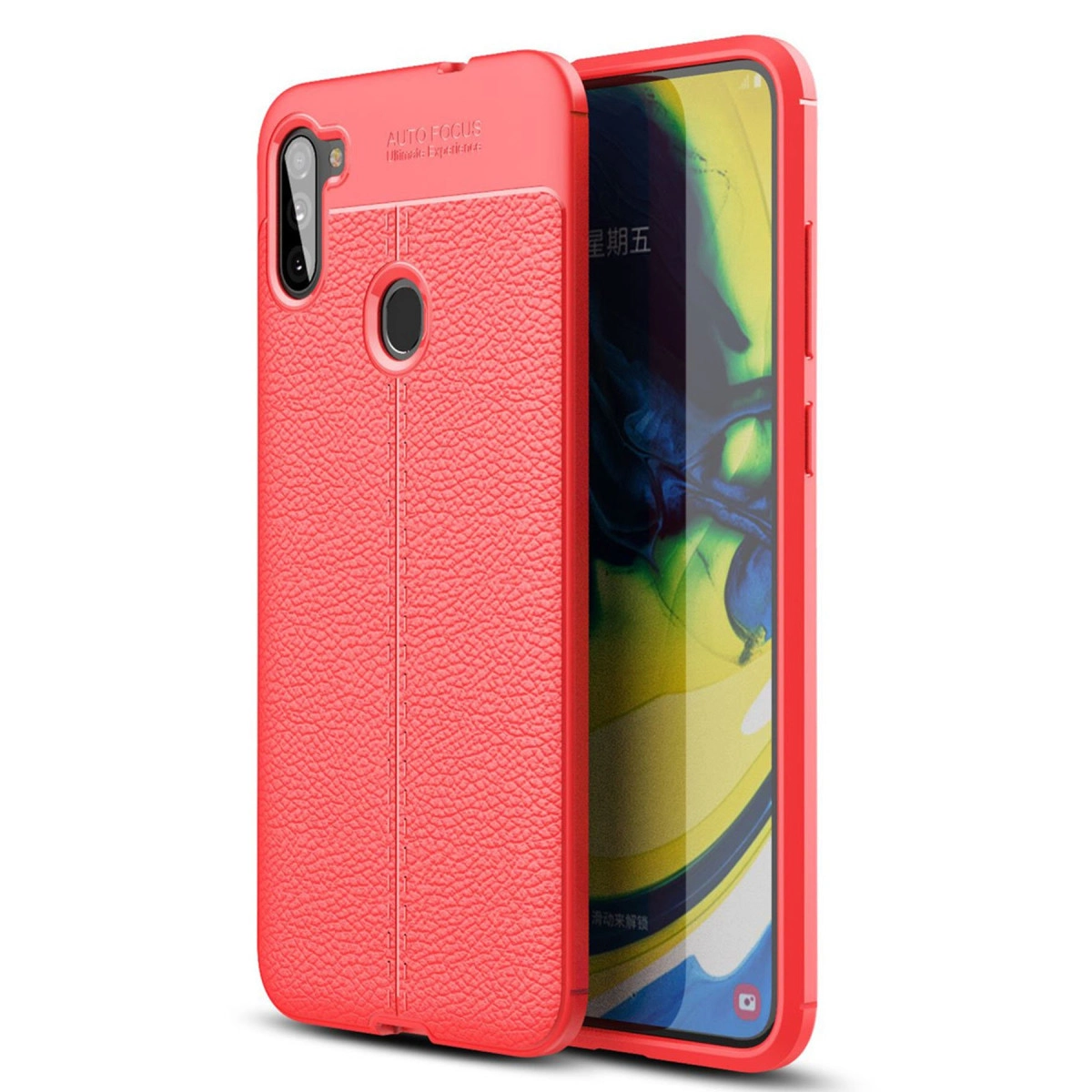 Dokulu arka yüzeye sahip kırmızı telefon kılıfı, kamera ve parmak izi sensörü.